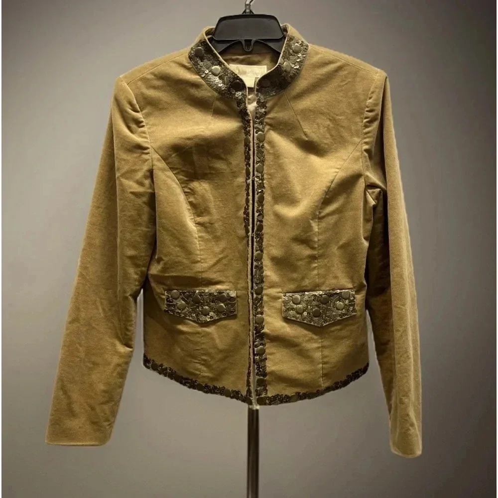 MICHAEL KORS WOMENS SIZE 10 SEQUIN KHAKI CLASP CLOSURE JACKET